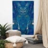A room with a large blue painting on the wall