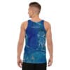 A man wearing a tank top with blue painting on it.