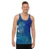 A man wearing a tank top with a painting of trees.
