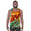 A man wearing a tank top with an image of lights.