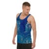 A man wearing a tank top with an image of water.