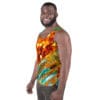 A man wearing a tank top with an abstract design.