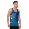 A man wearing a tank top with a picture of a person in the water.