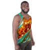 A man wearing a tank top with a colorful design.