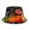 A painting of fruit on top of a hat.