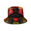 A red, orange and green hat with a black face.
