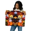A woman holding up a picture of various fruits.