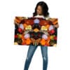 A woman holding up a picture of food.