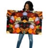 A woman holding up a picture of food.