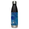 A black and blue water bottle with some white spots