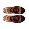 A pair of shoes with an orange and black design.