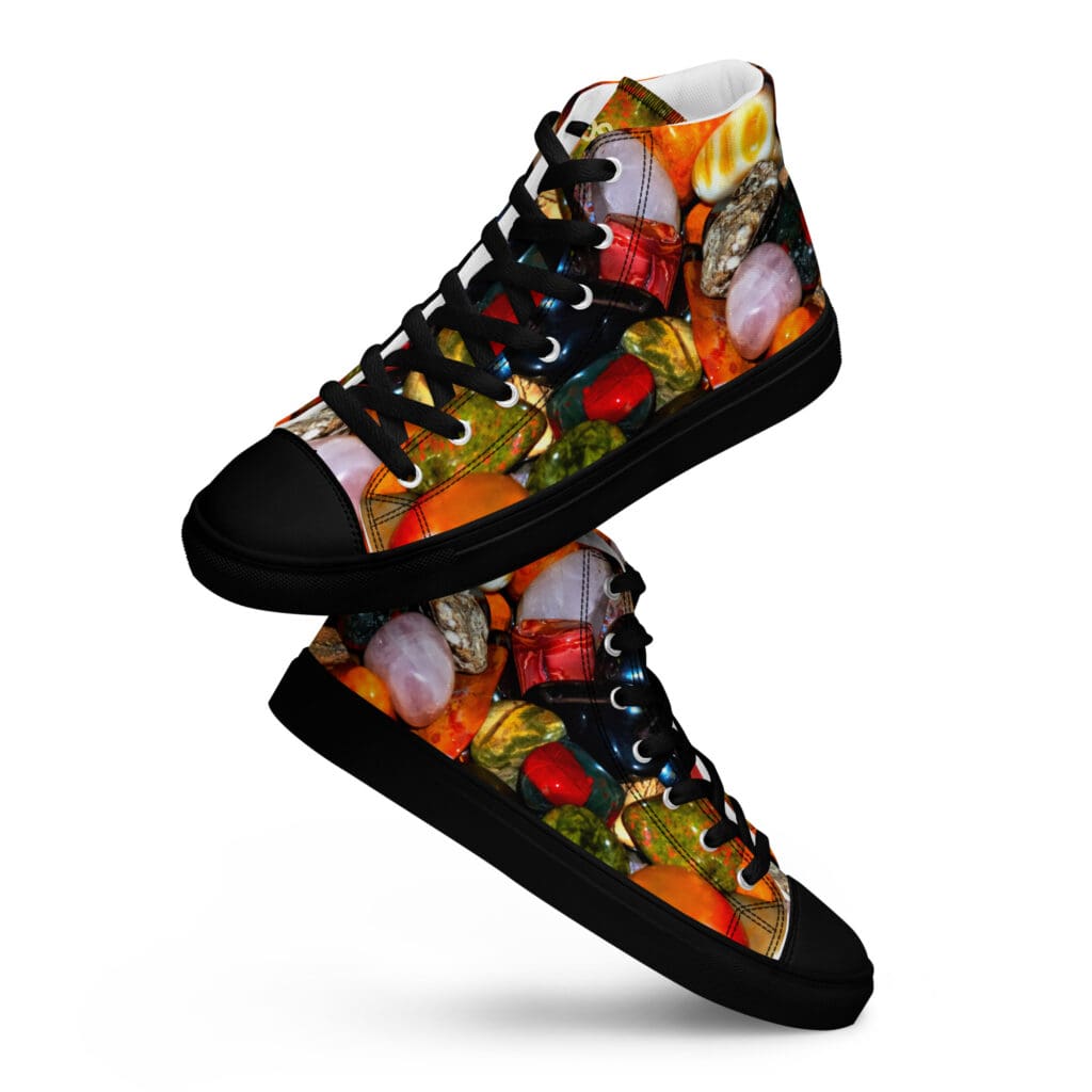 A pair of shoes with fruits and vegetables on them.