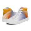 A pair of shoes with an orange and white design.