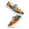 A pair of shoes with an artistic painting on them.