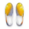 A pair of shoes with yellow and white soles.