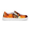 A pair of shoes with an orange and white background.