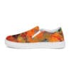 A pair of shoes with an orange and yellow design.