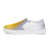 A pair of shoes with yellow and white designs.
