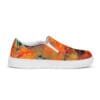 A pair of shoes with an orange and yellow design.