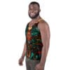 A man wearing a tank top with colorful designs.