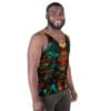 A man wearing a tank top with a colorful painting on it.
