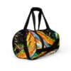 Colorful duffel bag with brand logo.