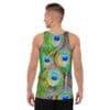A man wearing a tank top with peacock feathers.