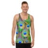 A man wearing a tank top with peacock feathers.