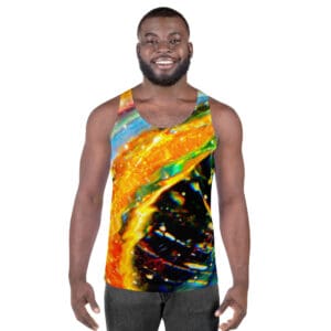 Man in vibrant abstract tank top.