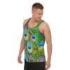 A man wearing a tank top with peacock feathers.