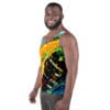 Man in colorful abstract tank top.