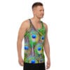 A man wearing a tank top with peacock feathers.