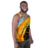 Man smiling in colorful abstract tank top.
