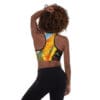 Woman in colorful sports bra, back view.