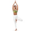 A woman in white pants and top doing yoga.
