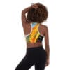 Woman in colorful sports bra, back view.