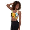 Woman in colorful sports bra.