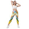 Woman in colorful patterned leggings.