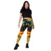Woman in colorful galaxy leggings.