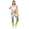 Woman in colorful patterned leggings.