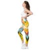 Woman wearing colorful yoga leggings.