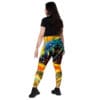 Woman in colorful abstract leggings.