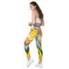 Woman in colorful patterned leggings.