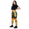 Woman in colorful gemstone leggings.