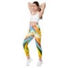 Woman in colorful abstract print leggings.