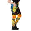 Woman wearing colorful leggings with pockets.