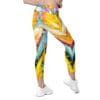 Woman wearing colorful abstract leggings.