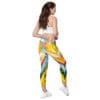 Woman in colorful abstract print leggings.