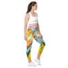 Woman wearing colorful abstract leggings.