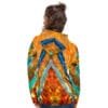 Woman's colorful abstract hoodie, back view.